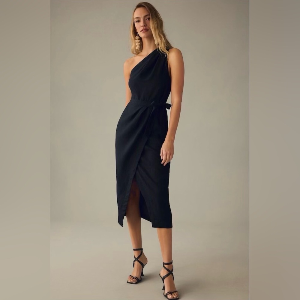 NWT Anthropologie One-Shoulder Linen Midi Dress Black